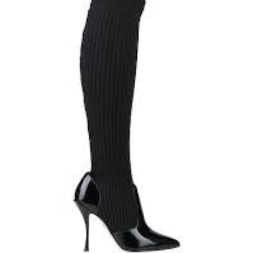 DOLCE & GABBANA Glossed-leather And Ribbed-knit Boots In Black, NWT, size 9.5